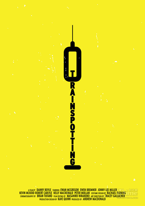 《猜火车》（1996）。画面一语双关，既形似一个拉响火车汽笛的开关，也形似一个注射毒品的针管。