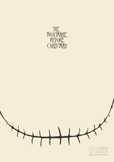 《圣诞夜惊魂》（1993）。海报下方的缝针妆弧线来自男主角Jack怪异的嘴型，有些萌，也有点恐怖。