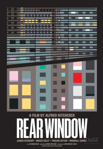 《后窗》（1954）。打开了一半的百合窗象征影片“偷窥”的主题，对面的各种窗户再现了片中的经典场景。