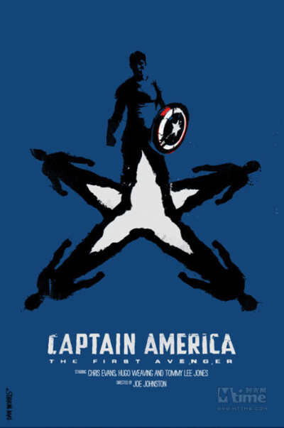 《美国队长》（2011）。美国队长与自己的四个阴影组成五角星，和盾牌上的五角星交相呼应，效果不凡。