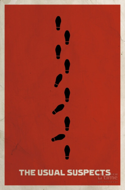 《非常嫌疑犯》（1994）。海报用脚印表现最后情节大反转的震撼一幕，化身为跛子的凯文·史派西一瘸一拐的走出警局，走到外面后，立刻恢复了气度威严的黑帮大佬本色。
