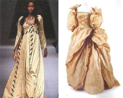 1993年 CHANTAL THOMASS的宫廷式。1994年CHRISTIAN LACROIX的牛皮纸晚礼服新的浪漫主义兴起！越是经济萧条，人们越是怀念以前。虽是18世纪的巴洛克风格，但运用的却是90年代自然主义的粗针大线与牛皮纸！