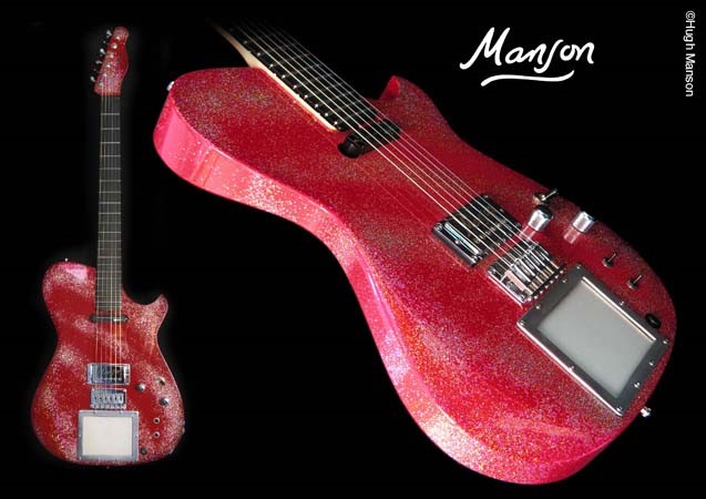 Muse主唱兼吉他手Matt Bellamy的Manson Custom吉他（該品牌只為他和齊柏林飛船貝斯手John Paul Jones定制琴），紅色帶亮粉的表面很華麗，這把是內(nèi)置MIDI效果器的，通過觸摸或者撥片滑動(dòng)可以實(shí)現(xiàn)很多效果