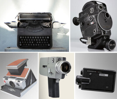 1968从上到下：爱马仕打字机；包豪斯摄像机，当年戈达尔用的就是这款；宝丽来相机；柯达8MM摄像机；艾克发Microflex 200 Sensor