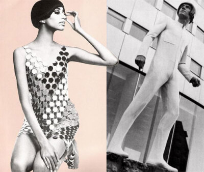  Paco Rabanne 1960年代著名的设计作品：金属拼贴裙；Ruben Torres在1967年设计的未来派运动男装