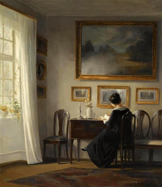 CARL VILHELM HOLSOE (1863-1935)，丹麦艺术家。他笔下的室内风俗画，有优雅的瓷器和家具、奇妙的光影、读书的女子、安静的气氛。http://www.shijieminghua.com/gallery/C/Carl_Vilhelm_Holsoe/