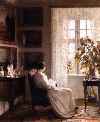 CARL VILHELM HOLSOE (1863-1935)，丹麦艺术家。他笔下的室内风俗画，有优雅的瓷器和家具、奇妙的光影、读书的女子、安静的气氛。http://www.shijieminghua.com/gallery/C/Carl_Vilhelm_Holsoe/