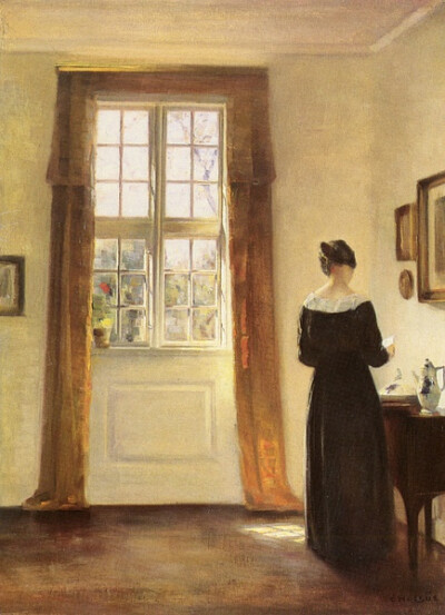 CARL VILHELM HOLSOE (1863-1935)，丹麦艺术家。他笔下的室内风俗画，有优雅的瓷器和家具、奇妙的光影、读书的女子、安静的气氛。http://www.shijieminghua.com/gallery/C/Carl_Vilhelm_Holsoe/