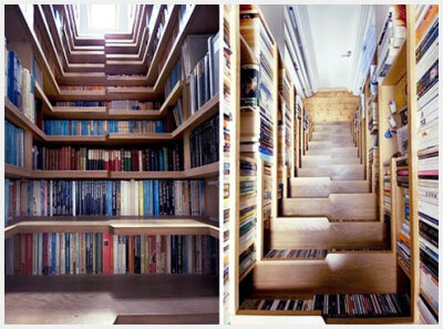 整个生活在一个书做的房子里，连楼梯都是藏书的地方~