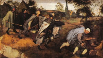 勃鲁盖尔， 盲人的寓言，1568年。在《盲人的寓言》中画家为我们描绘这样一幅生动的场面： 6个瞎子互相扶持着，沿着画面的对角线由左上方向右下方运动，却不知已陷入险境，领头的第一个瞎子已跌入壕沟，紧接着的一个…