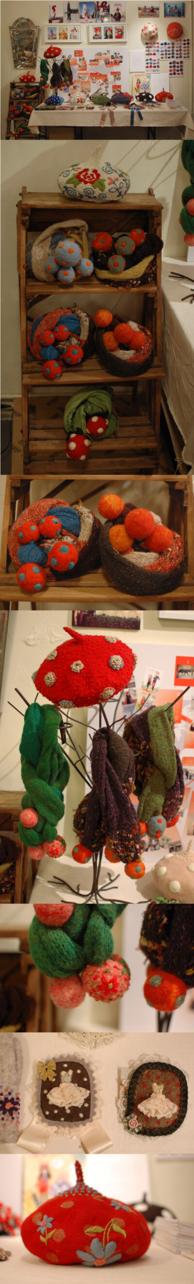 tinytoadstool是shanshan以craft art和实用fashion为主题作的独立创作品牌。主要材料采用wool，制作手法是felting，dye和刺绣。大体分为tinytoadstool蘑菇帽系列，tiny pompom candy围巾系列，以及tinytoadstool mit…