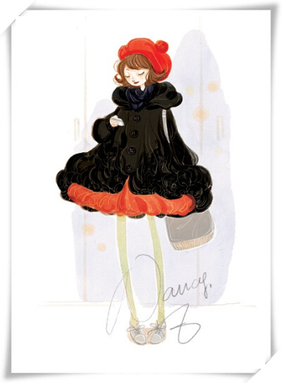 nancy的街头印象簿——她简直如插画中走出来的姑娘一样：她微卷的短发和那帽子配起来无比的可爱，伞状大廓型黑色羽绒大衣下面露出鲜红色泡泡尾裙摆，在她走路的时候轻