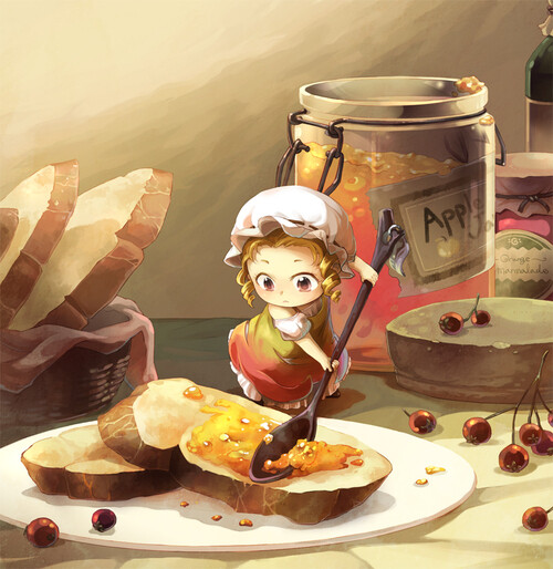 【韩国女插画师Mushstone的一件作品，名为《Apple jam fairy》（苹果酱小仙女）】