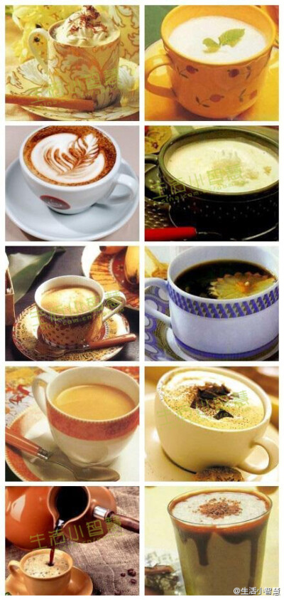 【世界上最著名的十种咖啡】1. 摩卡咖啡；2. 摩卡薄荷咖啡；3.卡布奇诺；4. 椰子汁加奶油块的咖啡 ；5. 混合咖啡 ；6. 那不勒斯风味咖啡 ；7. 热的摩加佳巴； 8. 印地安咖啡；9. 土耳其咖啡 ；10. 冰冻奶油块咖啡。
