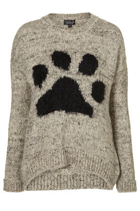 Knitted tweedy stitch slouchy jumper with paw motif. 44% Acrylic,43% Nylon,13% Mohair.