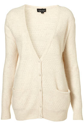 Knitted long line stitch stripe detail cardi in cream. 45% Viscose,40% Nylon,15% Angora