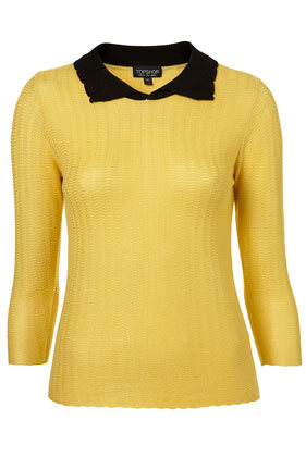 Knitted zig zag stitch jumper in yellow with contrast collar and 3/4 length sleeves. 100% Viscose.