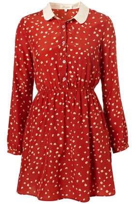 Rust red shirt-dress with cream love heart print and cream collar 100% Polyester.