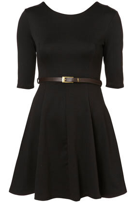 3/4 length sleeve skater shape dress with dark brown patent belt 95% Polyester,5% Elastane