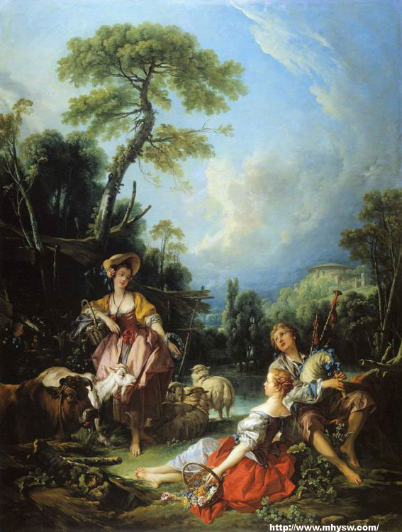 弗朗索瓦·布歇（Francois Boucher，1703—1770），法国画家、版画家和设计师，是一位将洛可可风格发挥到极致的画家。俄国普列汉诺夫说：“优雅的性感就是他的缪斯，它渗透了布歇的一切作品。”法国绘画史对他的评价是：“人们对布歇的作品不屑一顾，这可能是因为在他之前有华托，在他之后有弗拉戈纳尔；并且显然他没有前者的深刻，又没有后者的才智和强烈的欢乐气息。可是，他是这条链子上承上启下的、必不可少的一环。他作为色彩家和表现光的画家，位于最伟大的大师之列”。