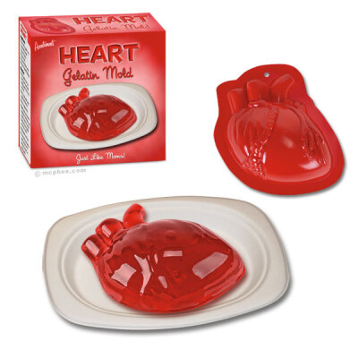 心脏果冻模具（Heart Gelatin Mold），塑料质地，官方说明里写“是恋人、医学院学生和食人族的最佳选择”，售价5.95美元，包装内附有食谱。