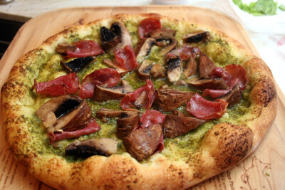 Prosciutto Pizza with Pesto and Portobello Mushrooms