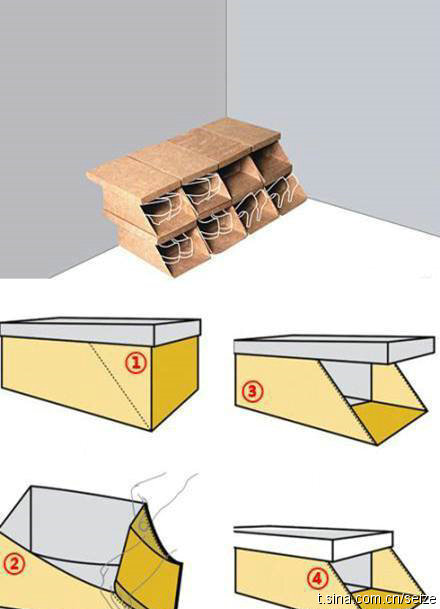 生活中的环保！瞧，只需简单对折几下，原本将被扔进垃圾桶的鞋盒就变成了很实用的环保鞋架。阶梯设计实用新潮且方便拿取。环保同仁们，动手试试吧！
