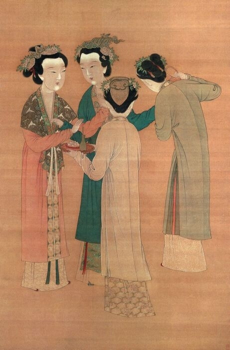 《孟蜀宫妓图》，明代，唐寅绢本，设色，124.7cm×63.6cm，故宫博物院藏