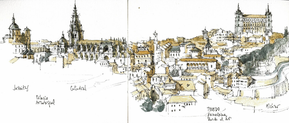 Toledo, panorama from southThe cathedral and the Alcázar sketched from the south bank of the Tagus river.