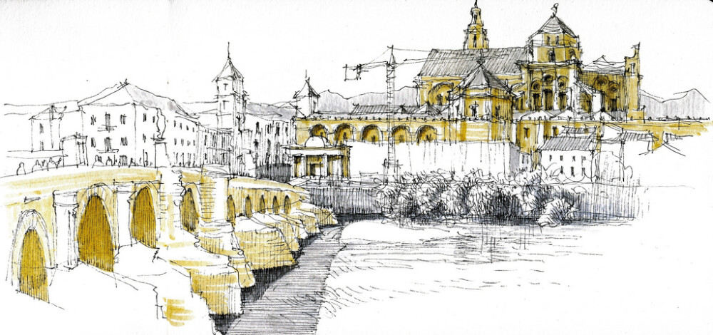 Córdoba, view from the south bankThe great mosque (with its catholic cathedral within) seen from the south bank of Guadalquivir river. The roman bridge to the left of the sketch.