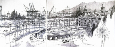 Málaga, Paseo del ParqueThe port cranes are seen over the trees. To the right of the sketch is the city hal