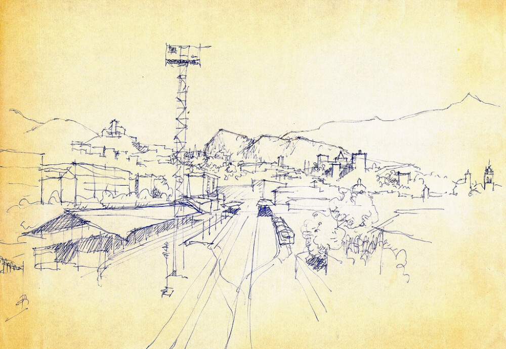 Granada railway station, 1994sketched from the bridge over the railway. pen drawing, aging paper.