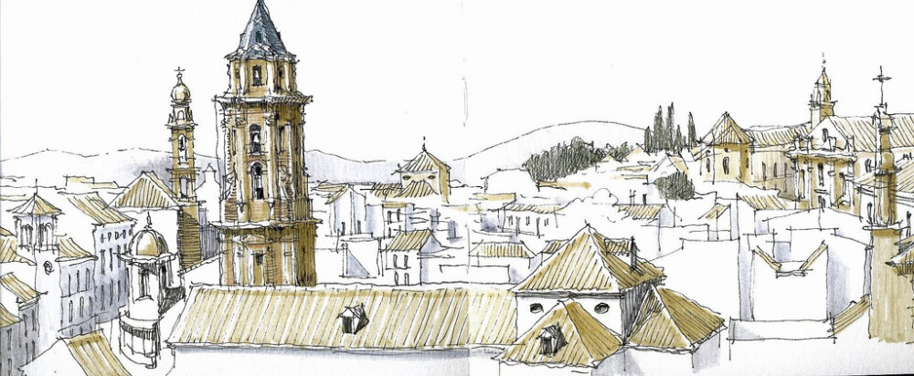 Antequera, vista 2Antequera is considered to be the spanish city with most churches per square mile. I tried to sketch some of them from the hill where the castle is located.