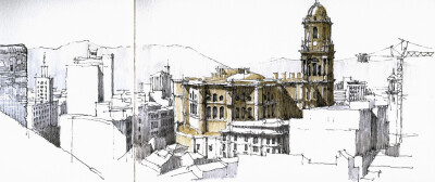 Málaga, cathedral from fortressThis morning I visited Alcazaba fortress accompanied by my moleskine, and here is the result: I sketched the cathedral from one of the towers. I searched for a good poin…