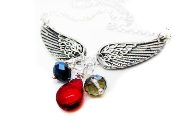 Silver Angel Wing Red Teardrop Necklace.