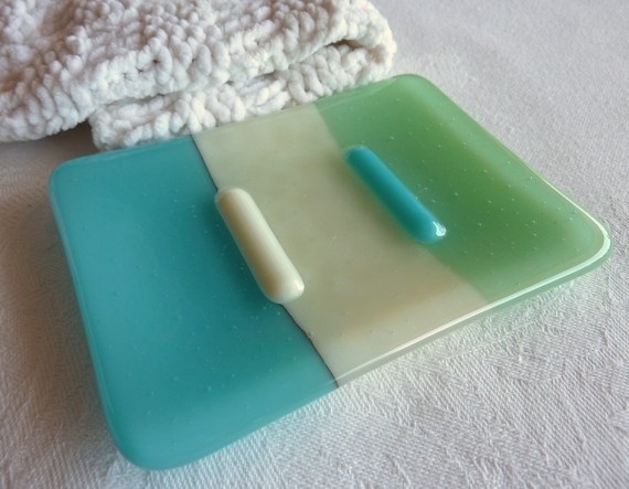 FavoriteLike this item?Add it to your favorites to revisit it later.Glass Soap Dish in Turquoise, Cream and Mint Green