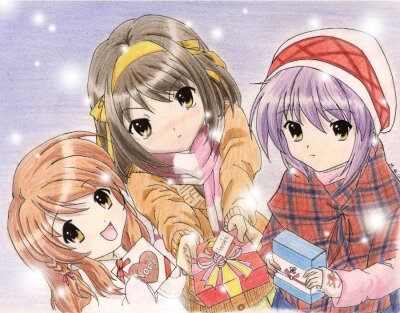 Haruhi Suzumiya, Mikuru and Yuuki for Chrismas.Made with pencil (except the snow with gimp ^^)