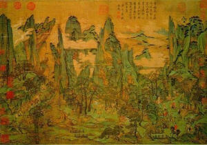 李昭道，字建，盛唐人，李思训之子，亦工着色山水，于其父同享盛名；官至太子中舍，画史亦称小李将军。他能“变父之势，妙又过之”，为历代所称颂，《唐朝名画绿》则称他画的山水鸟兽“甚多繁巧，智慧笔力不及思训”。他生活于唐玄宗时代，有可能画安史之乱时明皇避难入蜀的题材，《明皇幸蜀图》体现了二李画派的典型风格，时代特徵明显，是反映唐代山水画面貌的重要传世作品。