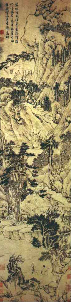 明，文徵明《绿荫清话图》，纸本墨笔，131×32公分，北京故宫博物院藏。　　作为继沈周之后的吴派画坛领袖达五十年之久的文徵明，远师郭熙、李唐，近追元四家，师心自诣，自成一家。其早年用笔工细，画风文细恬静；中年用笔渐粗放，奔放中寓文雅劲秀之气；晚年则粗细兼具，笔墨更加苍秀。故其作品有"细文"、"粗文"之分。　　此幅图为文氏细笔山水的代表作。此图秀丽柔密，画兼深远、高远两境，起首处，有两位隐士于树荫下盘坐清谈，画面中段岩壑幽深，再远处林荫遮掩露出亭阁一角。整幅构图繁密，气息闲雅恬静。左上角有文氏自题："碧树鸣风涧草香，绿荫满地话偏长。长安车马尘吹面，谁识空山五月凉。徵明。"此图用笔稍尖，不