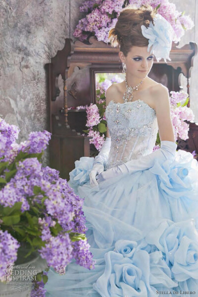 Gorgeous wedding dresses in stunning colors from Stella de Libero “The Lilac” bridal collection. Above and below, light blue ball gown (see same design in light pink and white in our previous post).