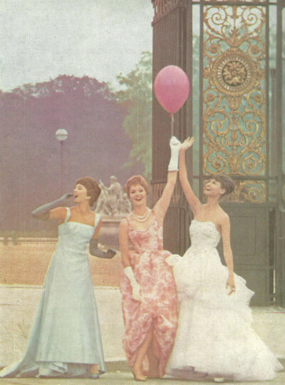 Grès,Chanel and Givenchy"Claudine with model Grès,Inge wearing Chanel and Julie Christine with model Givenchy".French Vogue,May 1964.