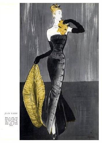 Fabulous side-buttoned and trained evening gown by Jean Patou, 1946, illustrated by Rene Gruau.