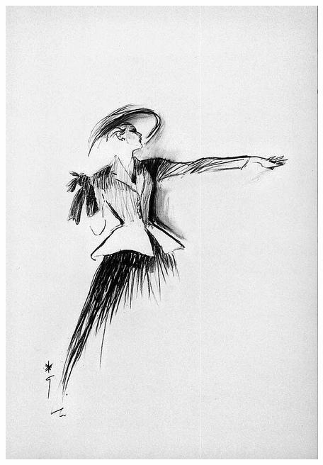 Drawing by Rene Gruau of the New Look silhouette from Christian Dior: long skirt, narrow waist and full bust.