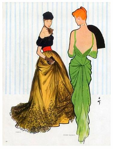 Pierre Balmain & Paquin Evening Gowns 1947, illustrated by René Gruau