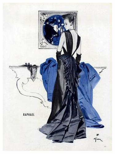 Evening gown by Raphael (Rafael Lopez Cebrian) illustrated by Rene Gruau, 1945