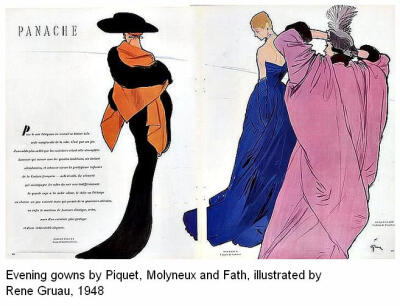Evening gowns by Piquet, Molyneux and Fath, illustrated by Rene Gruau, 1948
