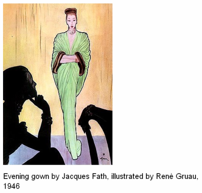 Evening gown by Jacques Fath, illustrated by Renè Gruau, 1946