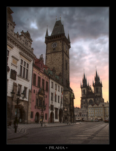 Dawn at Stare Miasto square | cathedral, sky, architecture, morning, pavestone, rendering, Prague, medieval