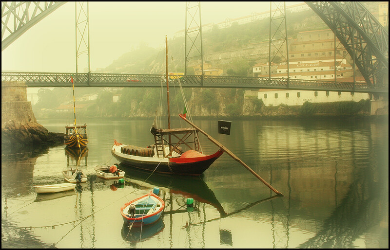 foggy morning in porto i | Portugal, dock, bridge, boat, Porto