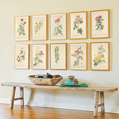 甜美风格的植物图谱组画，搭配原木纹理的外框，诠释了带点古朴的田园风格家居氛围。 新品+新年+新店=优惠+优惠+优惠。
